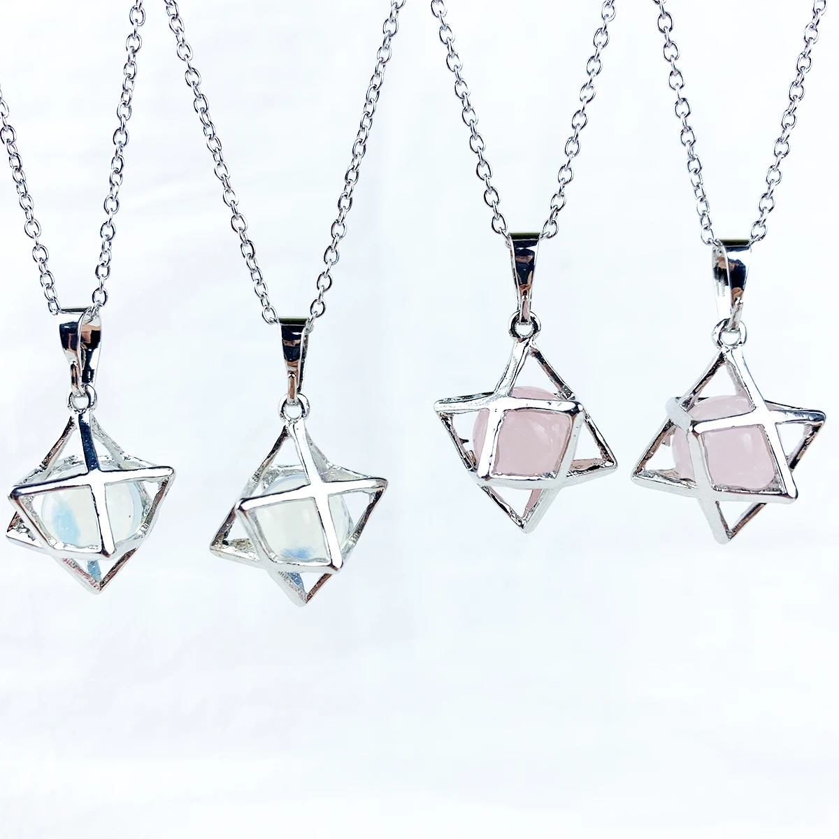 

Natural Stone Necklace Cute Opal Rose Quartz Merkabah Star Pendants Popular Crystals Beaded Long Rope Chain Jewelry For Women