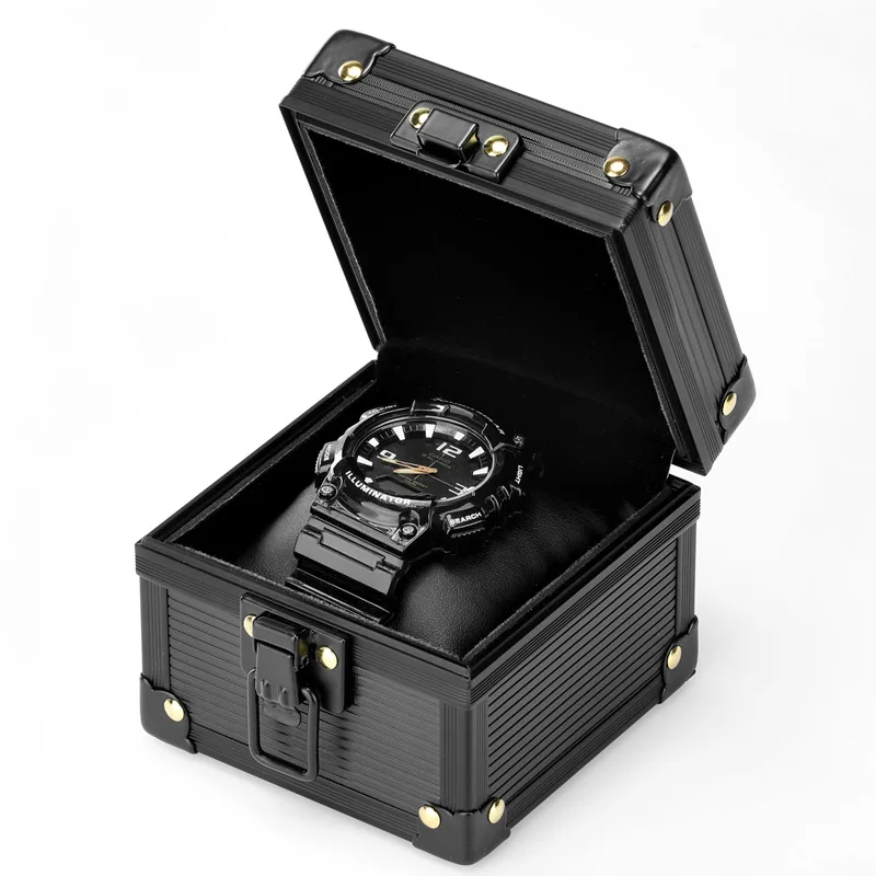 

Watch Box Organizer Black Single Transparent Aluminum Alloy Jewelry Packaging Metal Storage Box Portable Watch Box With Pillow