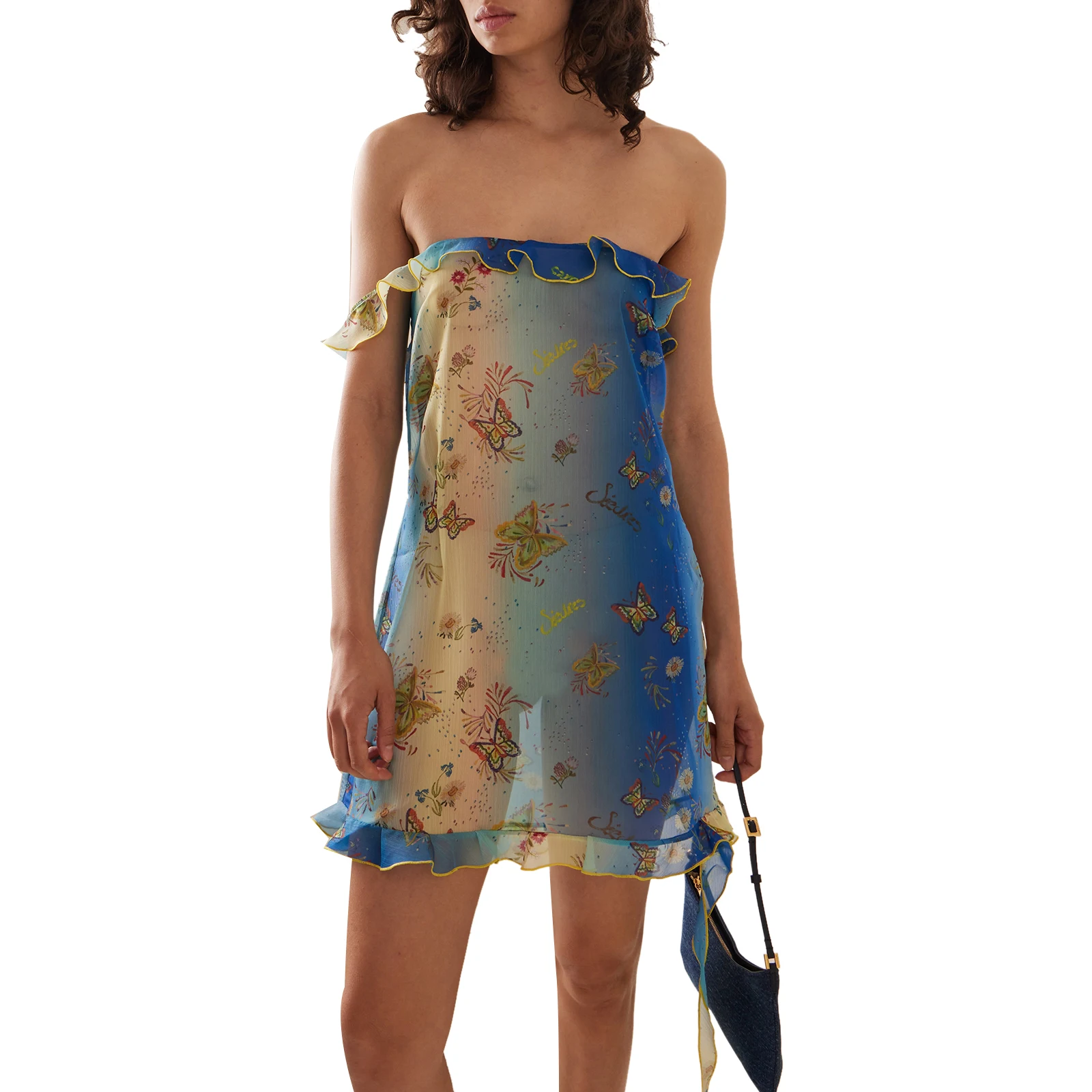 Women's Summer Tube Dress Strapless Sleeveless Butterfly Print Ruffle Trim Dress