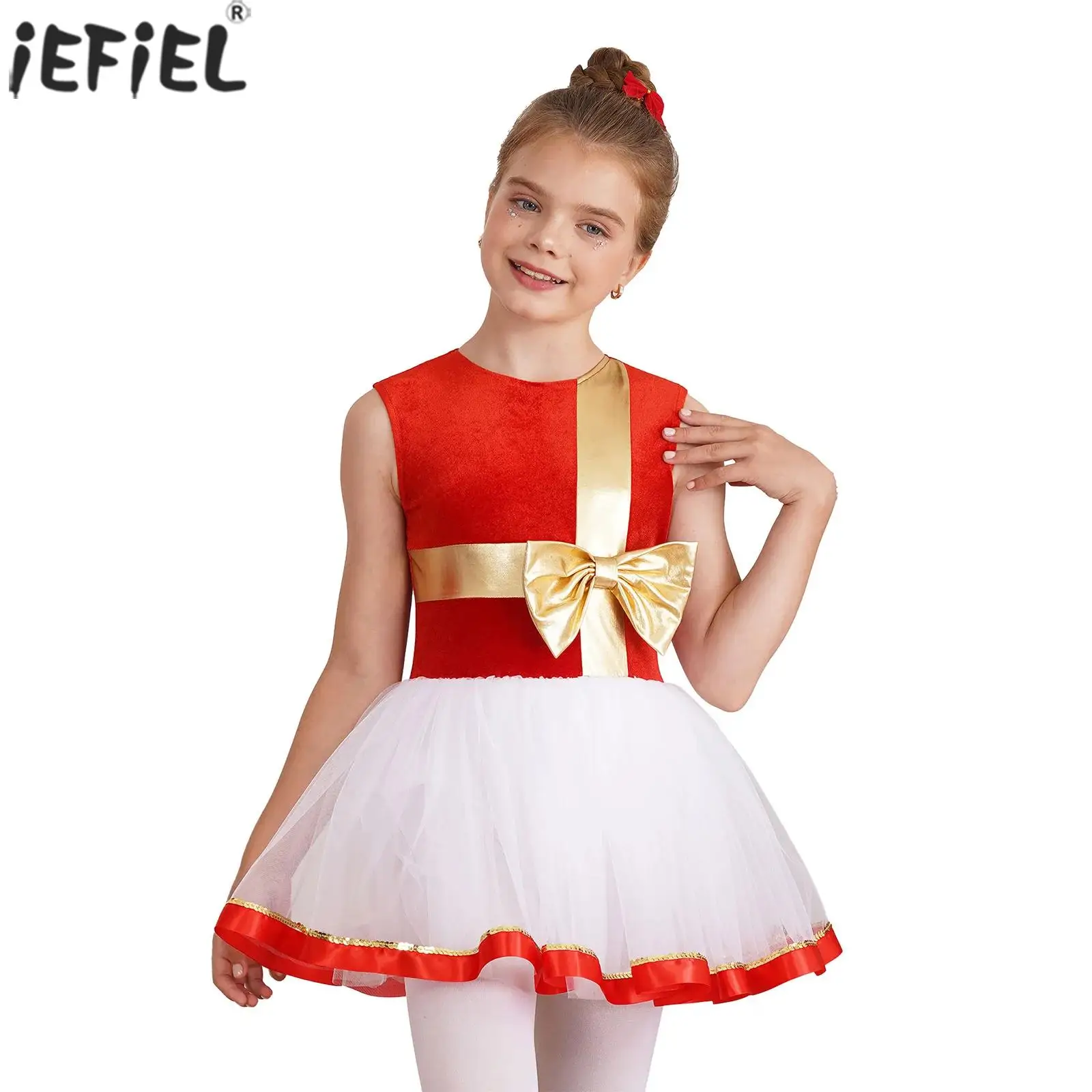 

Kid Girls Christmas Santa Costume Carnival Party Ballet Dance Tutu Dress Leotard Sleeveless Figure Skating Performance Dancewear