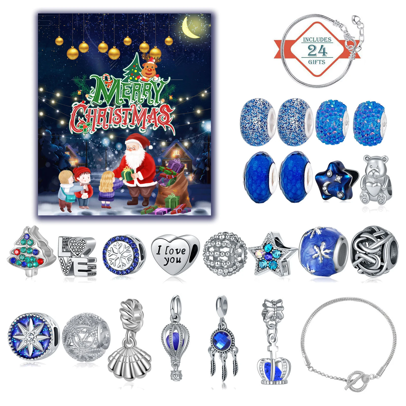 

Christmas Children's Bracelet Making Kit Christmas Advent Calendar 24 Days Christmas Jewelry Gift Set 2 Bracelets 22 Accessories