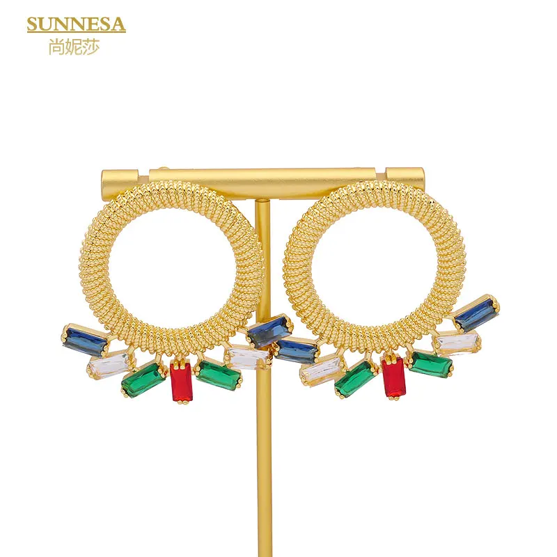 

SUNNESA Luxury Colorful Zircon Dubai Earrings For Women African Jewelry 18k Gold Plated Big Clip Earrings for Banquet Party
