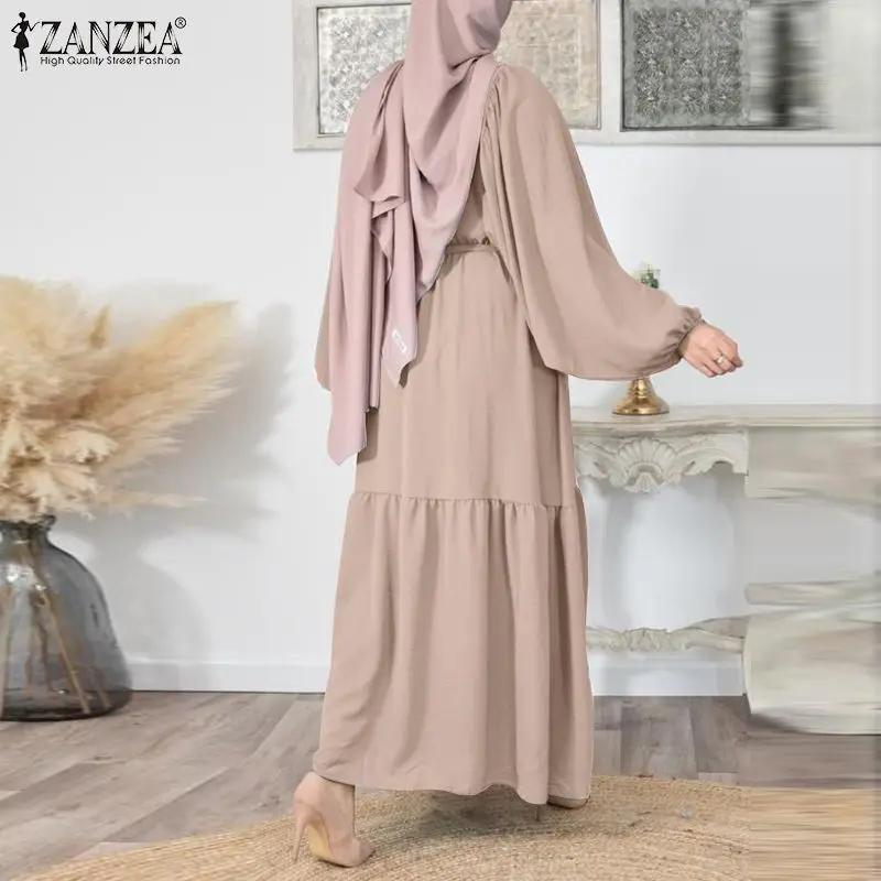 Women Casual Belted Jilbab Sundress ZANZEA Elegant Long Puff Sleeve Muslim Shirt Dress Oversized Hijab Caftan Islamic Clothing