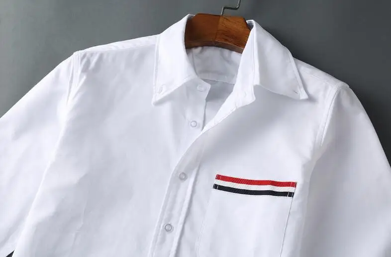 TB Shirt Man Full Casual Shirt Shirts Men Slim White Pocket Stripes Turn Down Collar Oxford Solid Men's Clothing