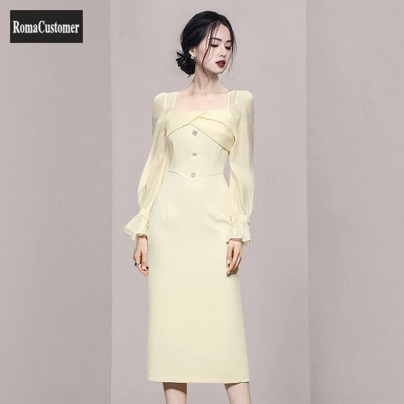 

Spring New Womens Korean Version Elegant Square Collar Spliced Slim Long Flare Sleeve Dress Long Sleeve Female Trend Dress
