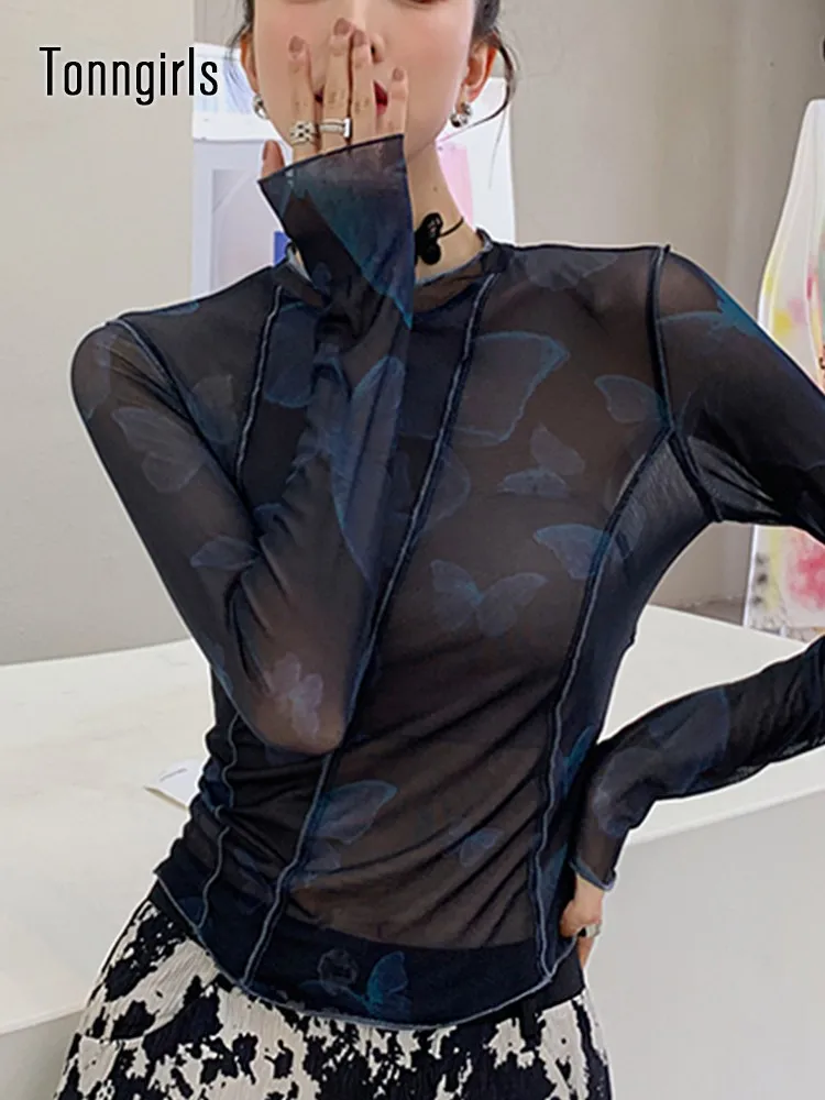 

Tonngirls Y2k сетчатый топ с принтом бабочки, футболки с длинным рукавом, Лоскутная облегающая футболка, черный прозрачный кроп-топ, модная футболка 2022