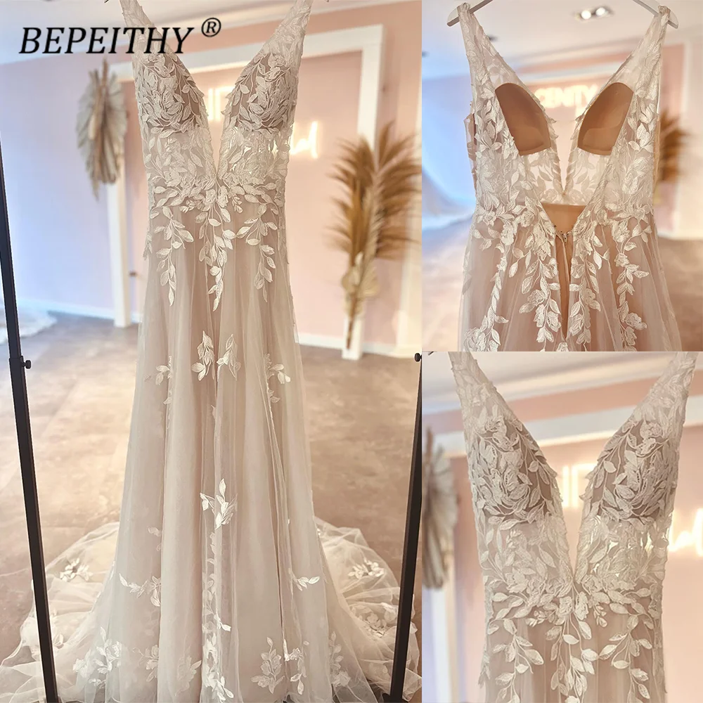 

Женское кружевное платье без рукавов BEPEITHY, свадебное платье с глубоким v-образным вырезом и открытой спиной цвета шампанского, цвета слоновой кости, 2023