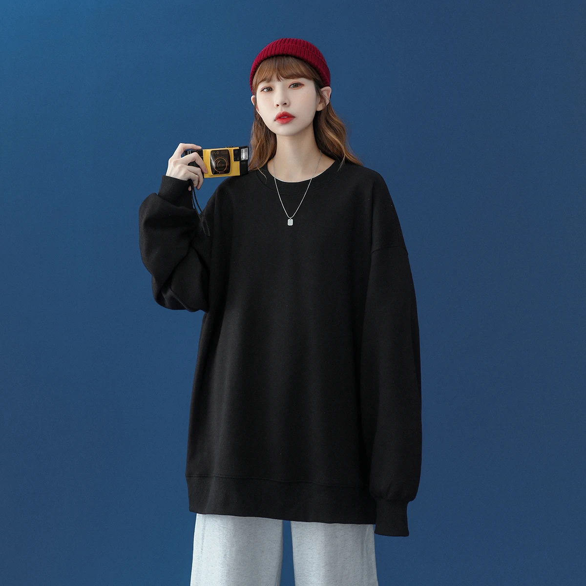 

Kawaii Girl's Sweatshirts Women Solid Color Casual Autumn Winter Fleece Hoodies Fashion Hip Hop Streetwear Baggy Female Clothes