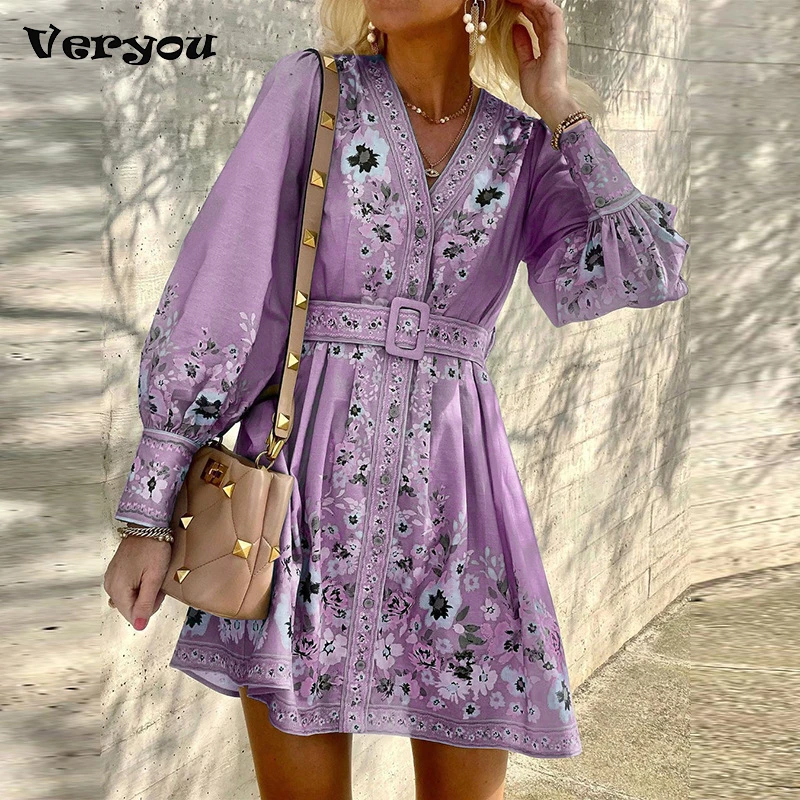 

Vintage Floral Print Loose Party Dress Summer Women V Neck Bohemain Mini Dress Sexy Long Sleeves Elegant Sashes Dress Vestidos