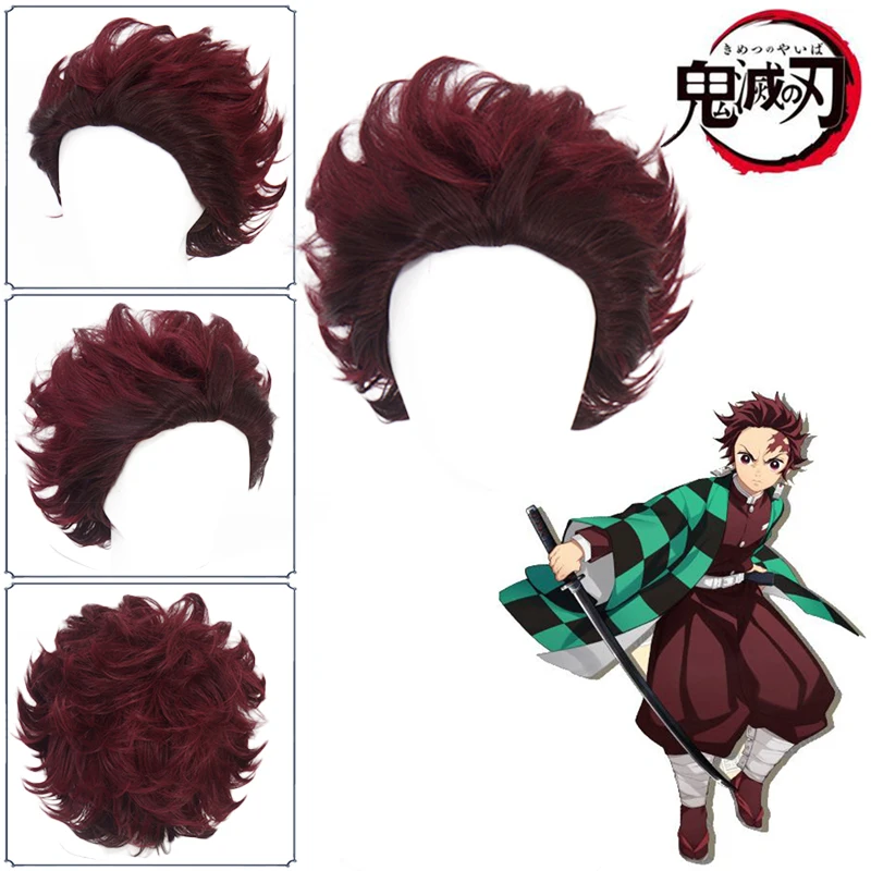 

Anime Demon Slayer Kamado Tanjirou Cosplay Wig Kimetsu No Yaiba Fake Hair with Clip Ponytail Wigs Halloween Party Costume