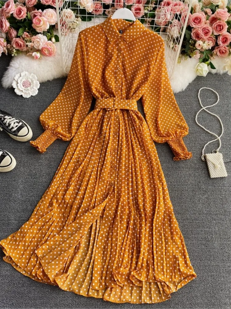 Spring Elegant Purple Women's Polka Dot Pleated Dress 2022 Korean Clothing Long Sleeve Vintage Chiffon Shirt Dress Female Robe