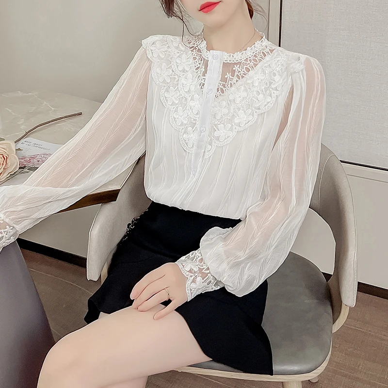 

Летняя и осенняя шифоновая рубашка с длинными рукавами и вырезами, женская новая темпераментная кружевная блузка, шикарная Удлиненная рубашка, блузы 130 г