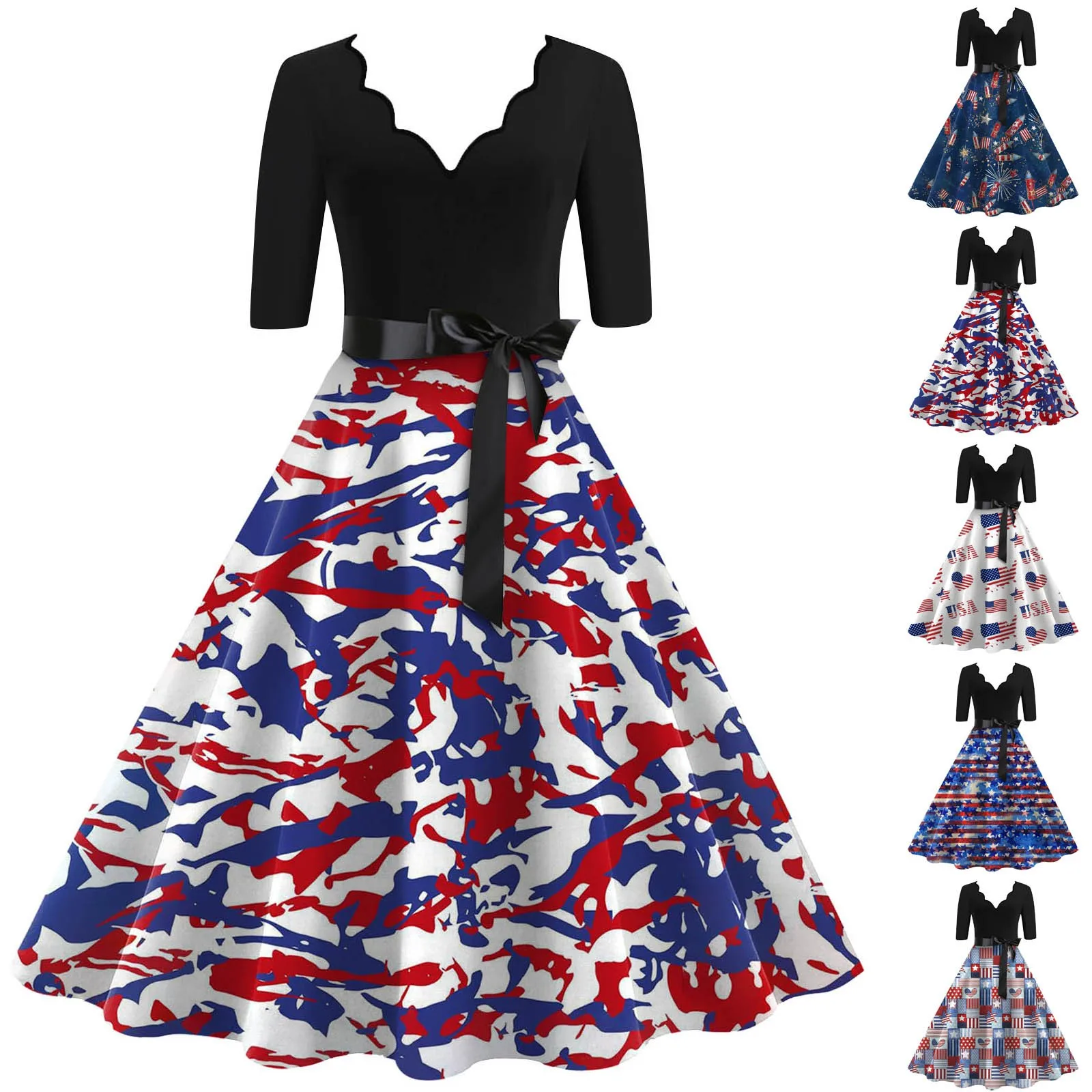 

Женское модное платье с поясом, V-образным вырезом и рукавом, эластичное Повседневное платье с широкими штанинами и принтом для годовщины