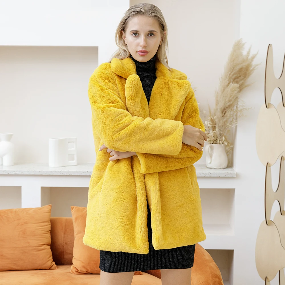 

2023 New Faux Fur Coat Women Female Wide-waisted Furry Outwear Winter Fur Jacket Overcoat