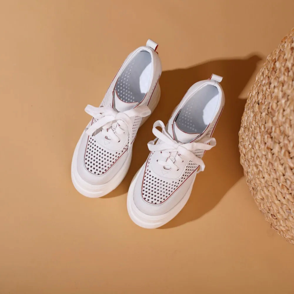 Кроссовки на танкетке из натуральной кожи 14 см летние туфли очень высоком