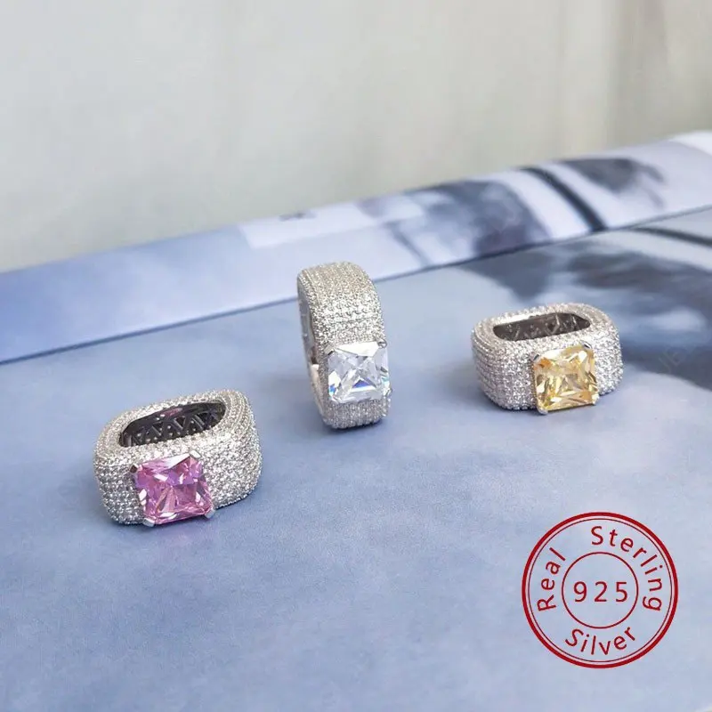 Luxury Solid 925 Sterling Silver Square Finger Ring Yellow Pink Crystsal Zircon Ring Full Stone Design Women Fine Jewelry