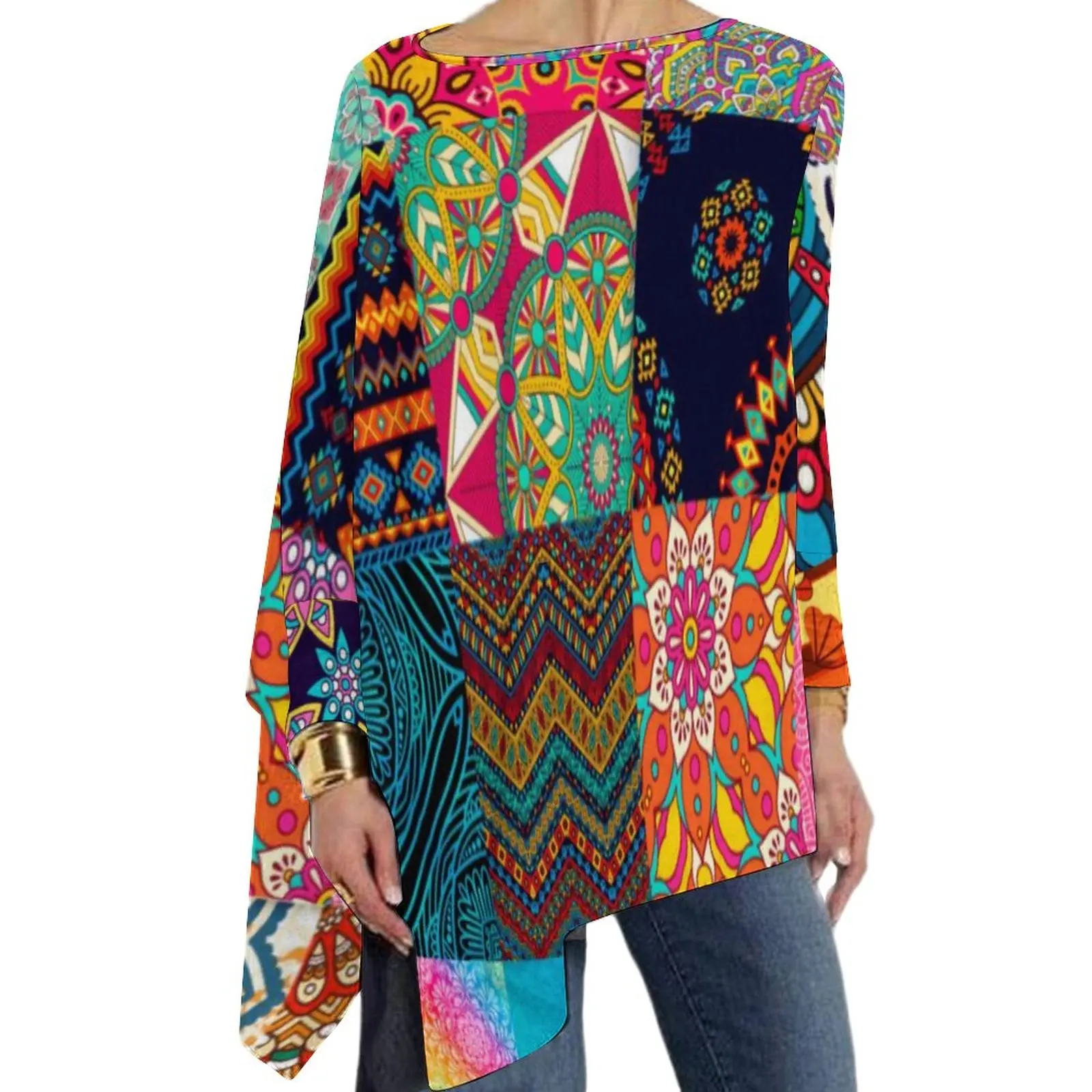 

African Print Patchwork T-Shirt Vintage Bohemia Trendy Long Sleeve T Shirts Casual Oversize Tee Shirt Lady StylishTops Gift Idea