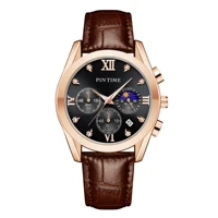 pintime men rose gold brown leather watch stainless steel moon phase all dial work chrono function stopwatch luminous waterproof