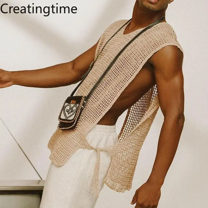 

Creatingtime 2022 Summer New Wild Sleeveless Breathable Mesh Bottoming Men's Beige V-Neck Fashion Woven Lace Sports Vest GA868