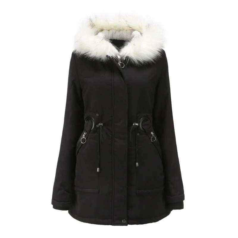 Grey Cotton Coat Women Long Hooded White Fur Collar Winter Warm Wool Overcoat Women's Cotton Jacket Cold Coat