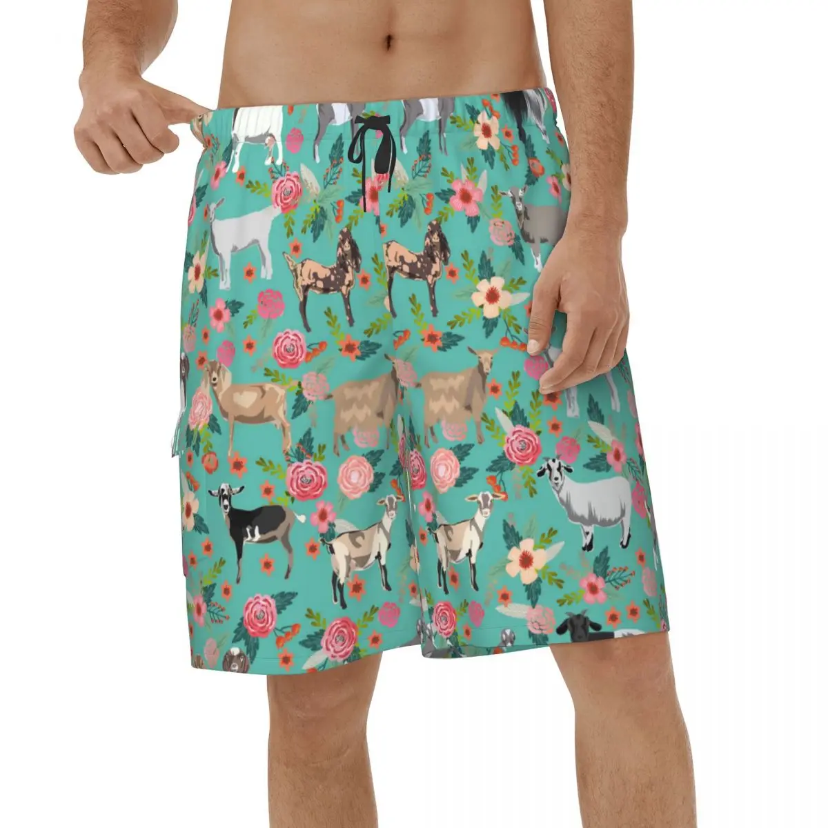 

Goats Floral Turquoise 3D Printed Beach Shorts Men Fashion Swimwear Swimming Trunks Quick Dry Sports Surf Male Board Shorts
