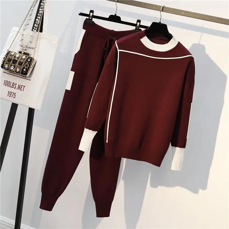 

2022 Autumn Runway 2 Pieces Set Knitted Long Sleeve Pullovers Sweater Casual Patchwork fashio Jumper Tops and Pants Suits Spring