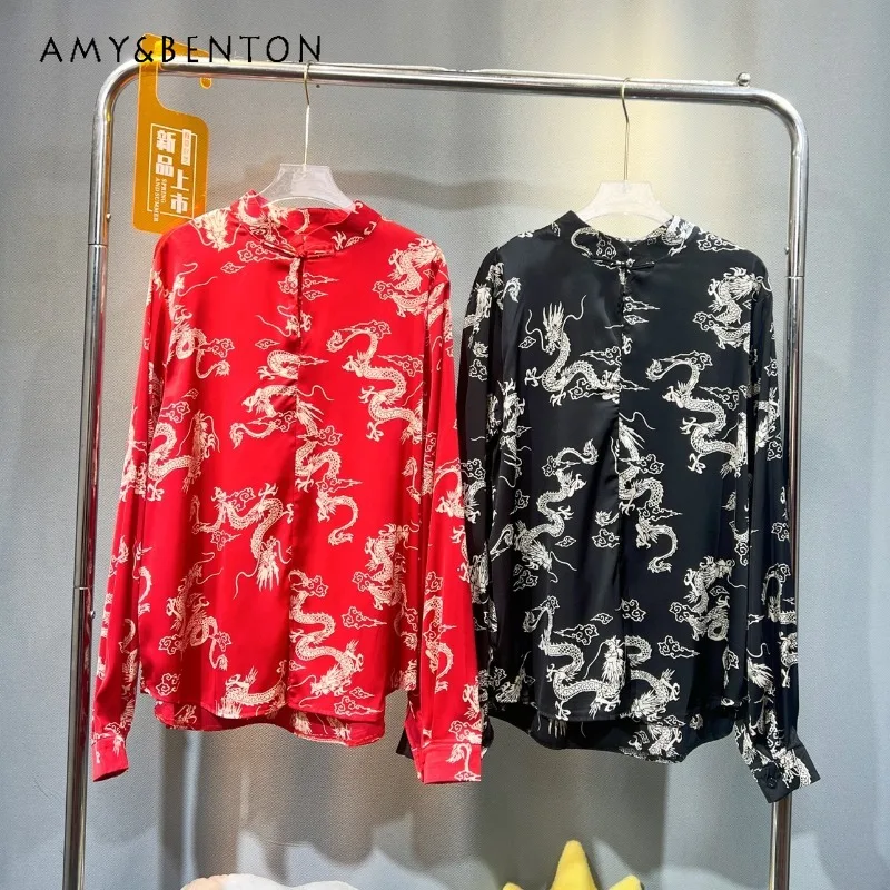 Женская свободная рубашка средней длины винтажная с принтом Золотого Дракона