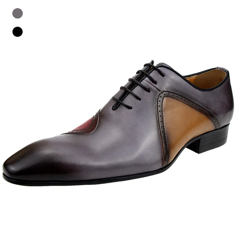 Cool and unique Leather men dress shoes Formal Genuine color stitching Best Oxfords Pointed Casual classic style ayakkabı erkek