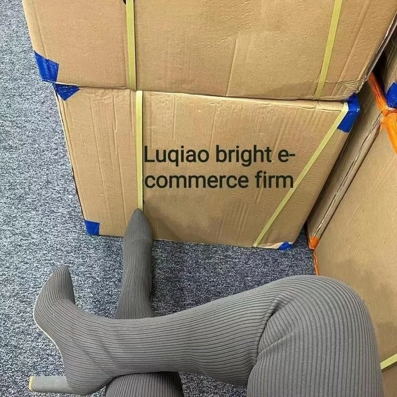 Women Thick Sole Boots Autumn Winter Breathable Knitting Sock Upper Women Thigh High Boots Stretch Round Toe Plus Size 36-43