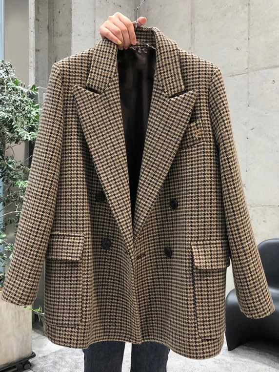 Fashion Plaid Retro Suit for Women 2023 Spring and Autumn New Korean Style Elegant Straight Long Sleeve Single-Breasted Jacket