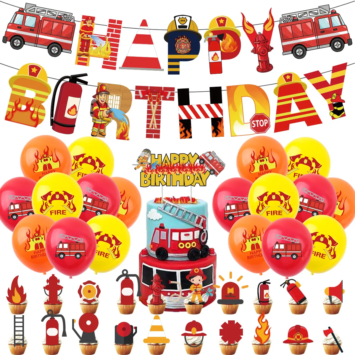 

Firefighter Birthday Party Supplies Set Happy Birthday Fireman Banner Fire Truck Balloon Cupcake Cake Decoration Baby Shower