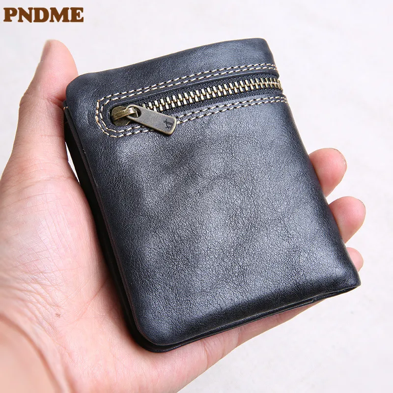 PNDME Simple casual designer natural real leather men short style wallet mini small purse Female vertical style student purse