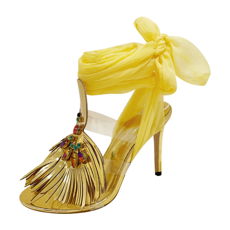 

10cm Stiletto Sandals Gold Party Shoes For Women Lace Cross Strappy Ankle Slingback Heels Color Rhinestones Lady Sandalias Tacon