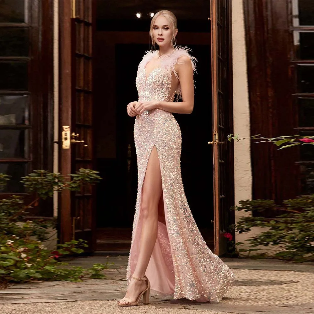 Купи 2022 Sparkling Pink Feathers Sequined Long Slit Prom Dresses Mermaid Straps Sleeveless Floor Length Sexy Party Gown Real Photos за 7,800 рублей в магазине AliExpress