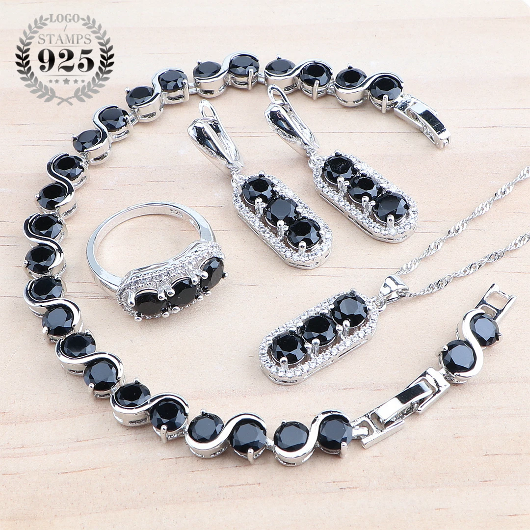 

Bridal 925 Silver Jewelry Sets For Women Bracelets Earrings Ring Pendant Wedding Black Zircon Necklace Set