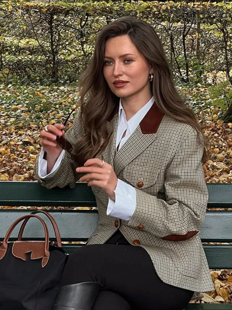 Повседневный женский тонкий клетчатый пиджак шикарный однобортный с отложным