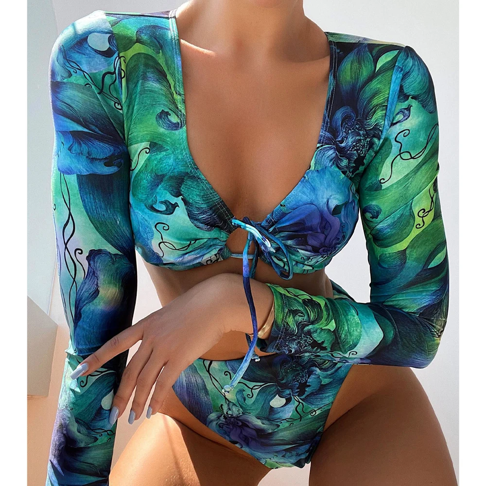 

VigoBreviya 2022 Long Sleeve Swimwear Women Sexy High Waist Cut Ring Push UP Bikini Print Swimsuit Summer Beach Bathing Suit