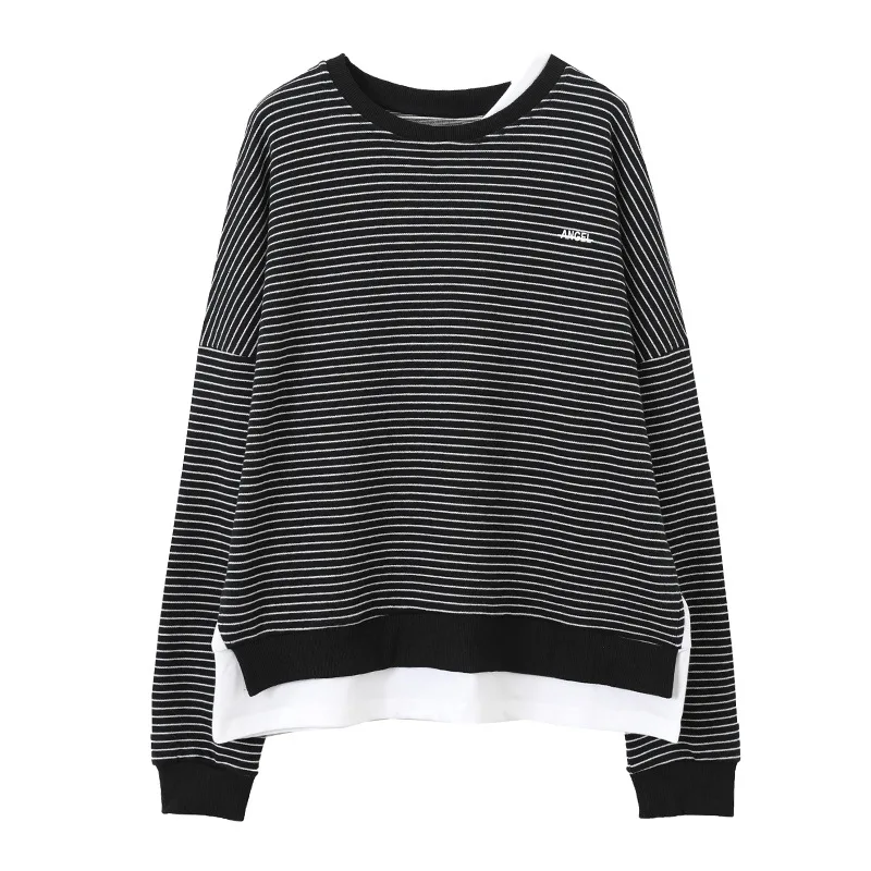 Design sense fake two-piece striped sweater women's autumn 2022 new loose round neck long-sleeved top images - 6