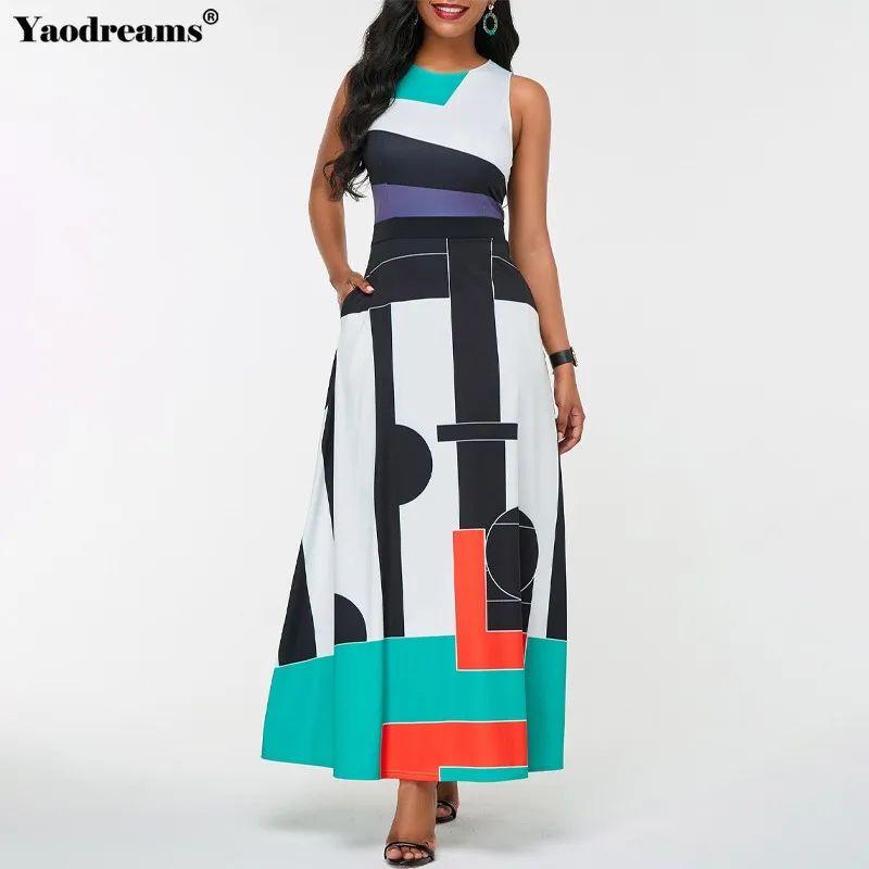 

Платье женское с круглым вырезом, элегантный повседневвечерние офисный сарафан без рукавов, с высокой талией, с геометрическим принтом, лет...