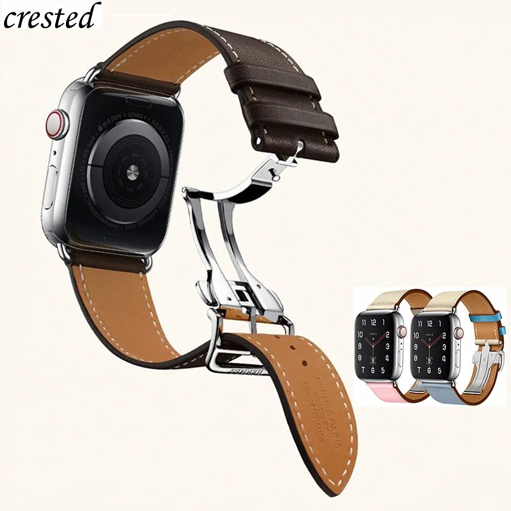 

Leather Strap For Apple watch band 44mm 40mm iWatch band 42mm 38mm Deployment Buckle belt bracelet apple watch serie 3 4 5 se 6