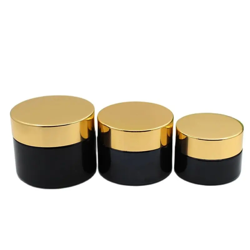 20g 30g 50g Face Cream Jar Black Empty Facial Mask Pots Body Lotion Skincare Cosmetic Glass Cream Container Shiny Gold Lid 10pcs
