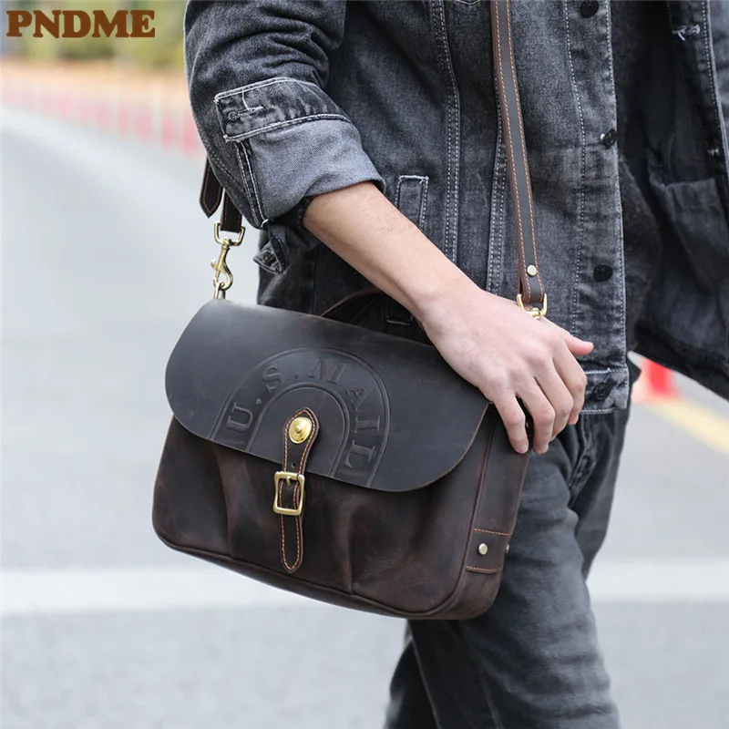 PNDME vintage luxury crazy horse cowhide men's messenger bag hand outdoor daily work natural genuine leather shoulder bag