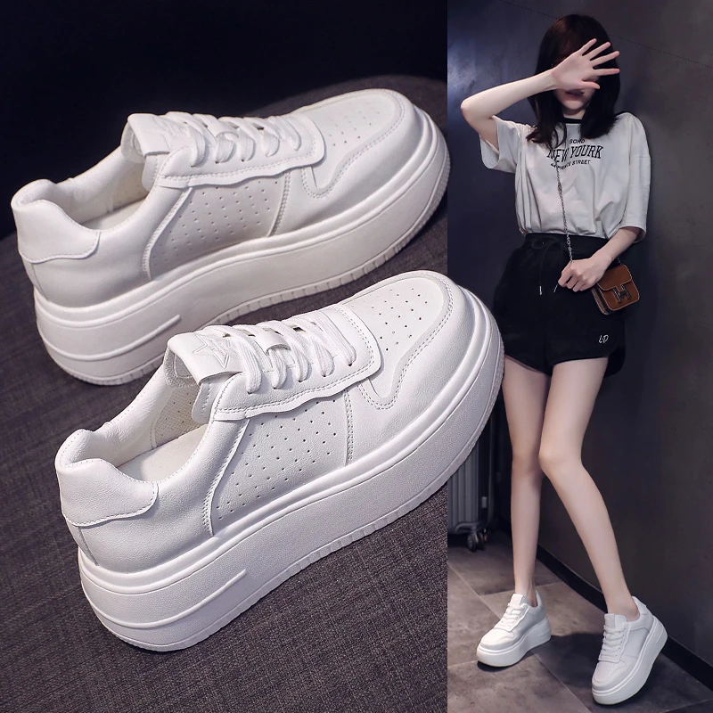 

Sports Leather Muffin Bottom White Shoes Women's Thick Bottom Heightened Spring New Elevator Shoe All-match Lace-up Casual Shoes
