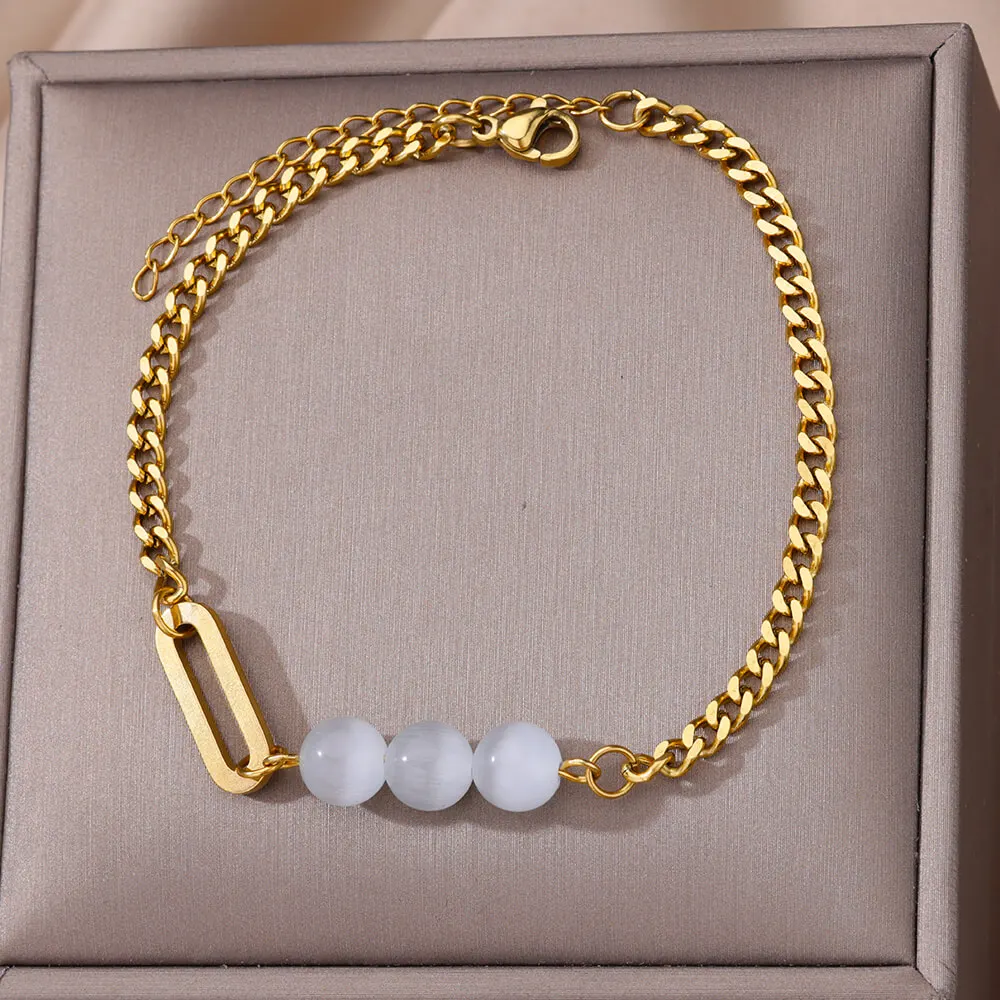 

White Opal Stone Anklets For WomenStainless Steel Gold Color Cuban Chain Anklet Female Summer Beach Accessories Jewelry bijoux