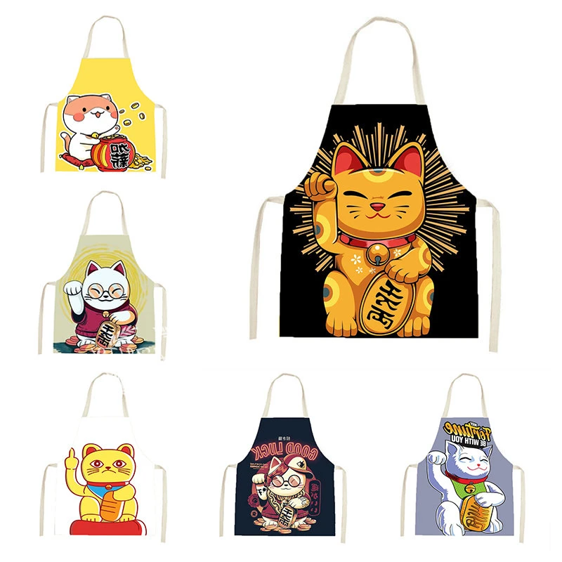 

Cartoon Cat Pattern Household Apron Japanese-style Linen Kitchen Decoration Oil-proof Housework Cleaning Waist Sleeveless Cover