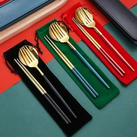 portable cutlery set with cloth storage bag stainless steel chopsticks spoon fork set gifts tableware set kitchen supplies