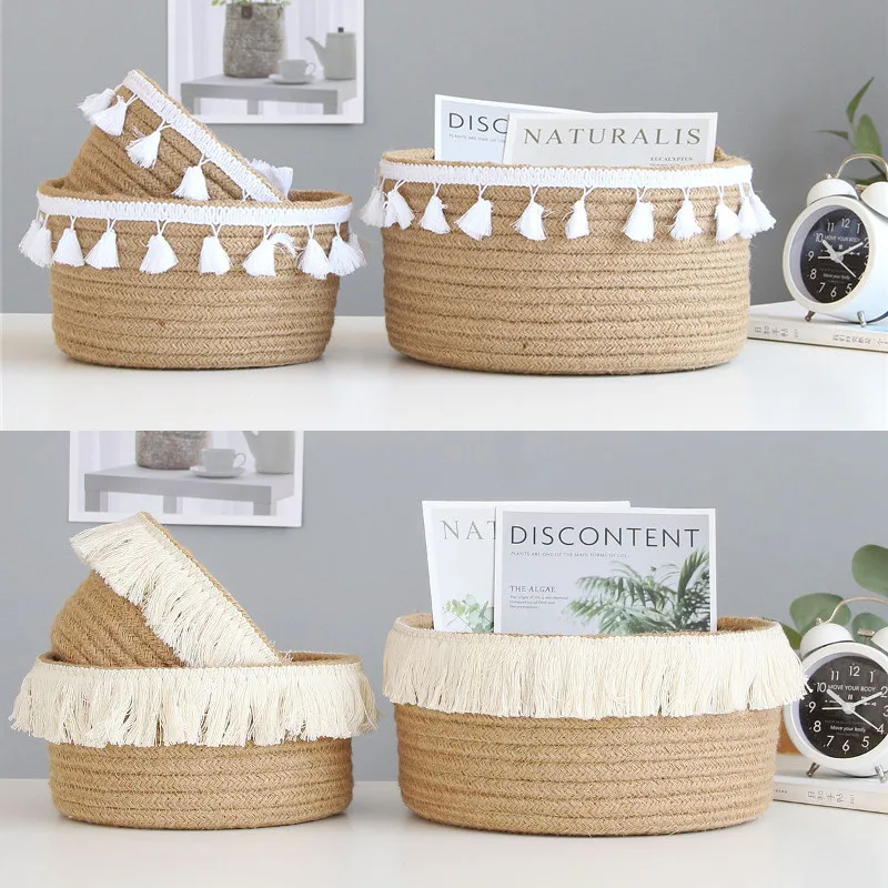 

2022 NEW Tassel Desktop Storage Basket Box Jute Woven Basket Home Organizer Sundries Cosmetic Storage Box Toy Holder Container