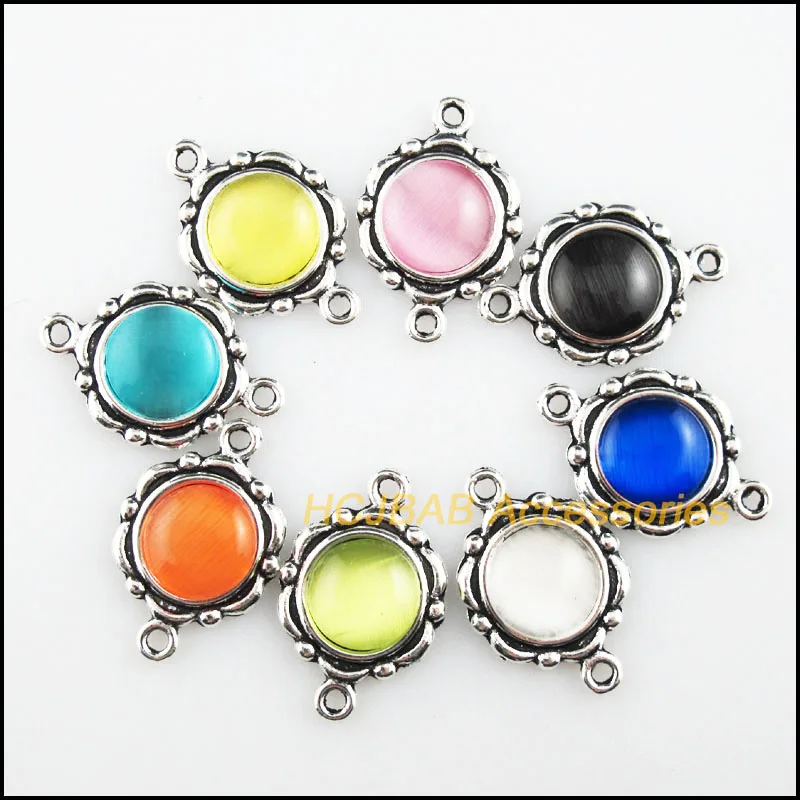 

Fashion 16 New Round Charms Tibetan Silver Plated Stone Mixed Flower Connectors 15x23mm