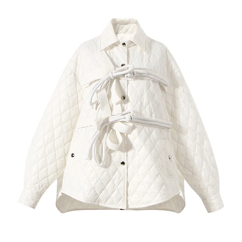 

Chinese Style 2021 Winter Thin Quilted Jacket Bow and Shiny Diamond Plaid Buckle Coat Fashion Trendy Streetwear