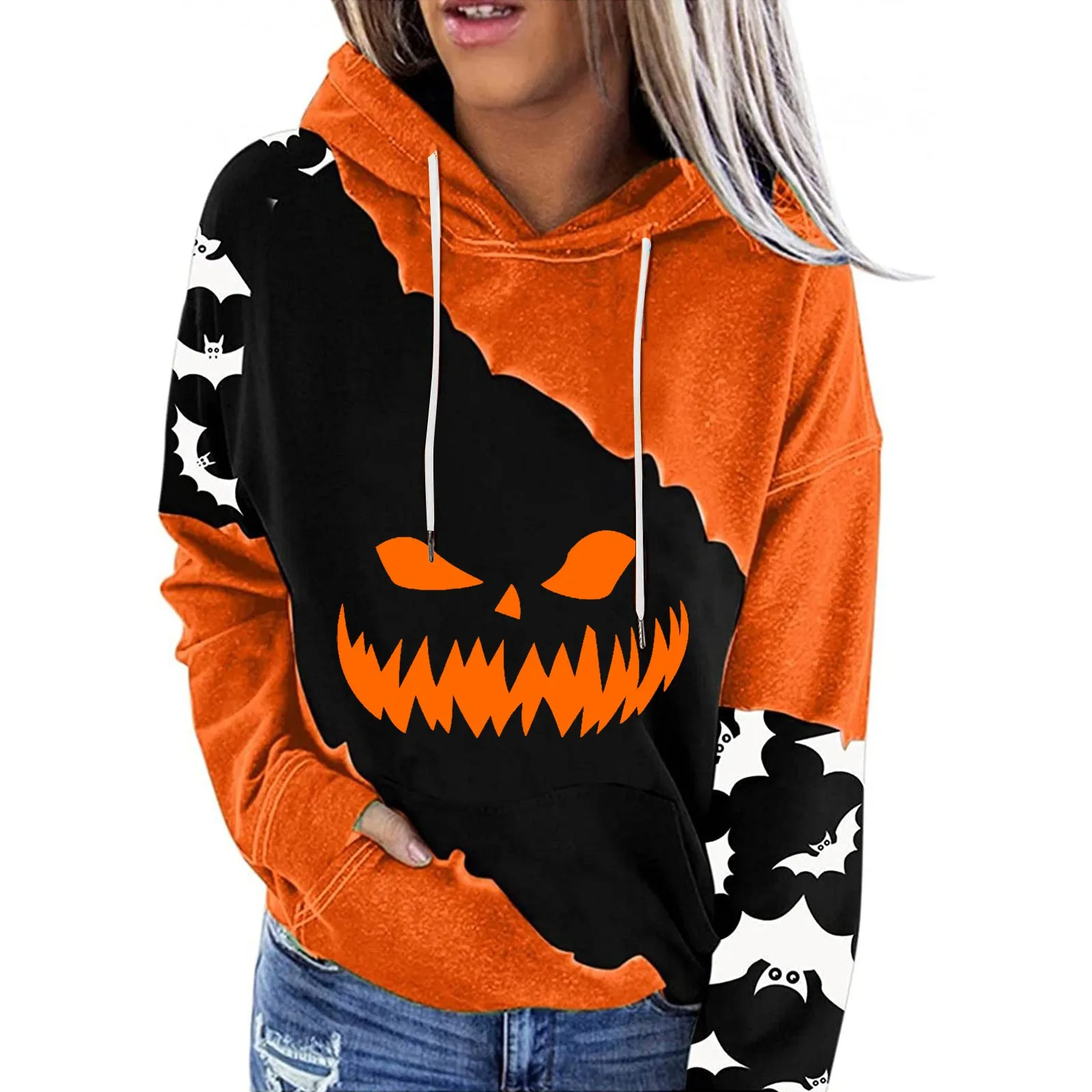 

Halloween Costumes For Women Casual Long Sleeve Hooded Loose Drawstring Pumpkin Skeleton Hoodie Pullover Heavy Fleece Tops Women